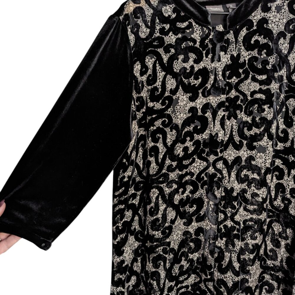 Chico’s Silk Velvet Button Front Cardigan Blouse Semi sheer Black Large 2 - Picture 6 of 7